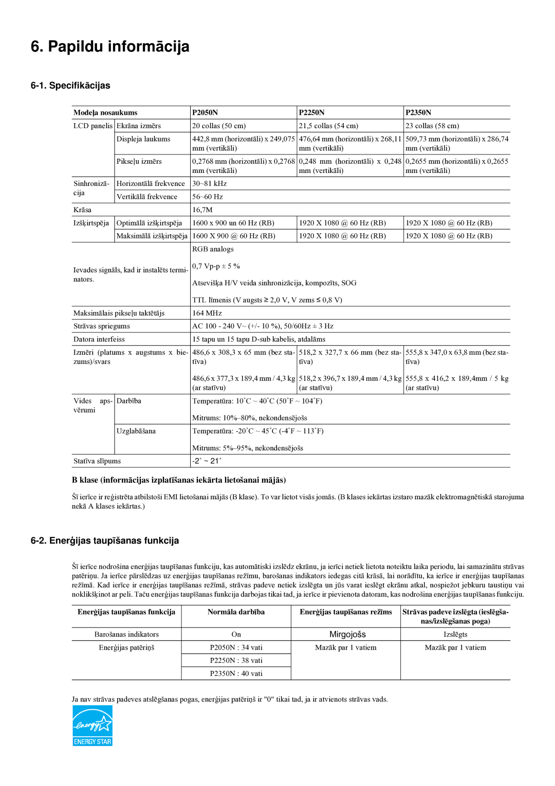 Samsung LS20LRYKU/EN manual Papildu informācija, Specifikācijas, Enerģijas taupīšanas funkcija 