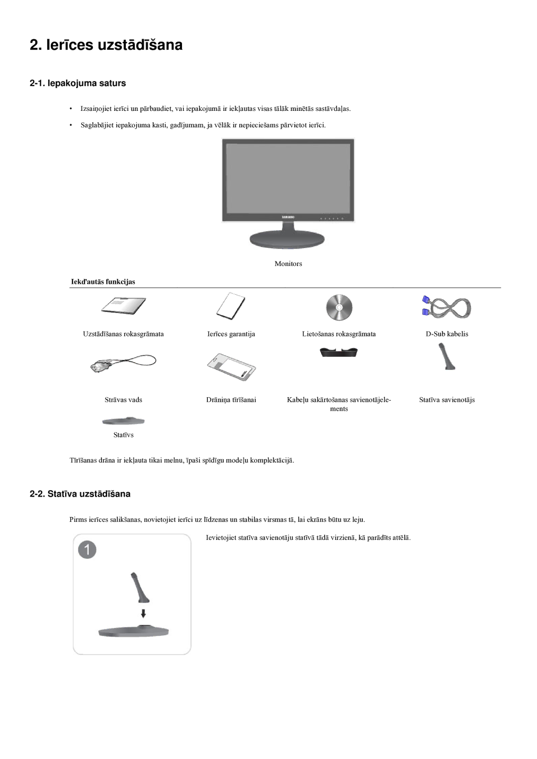 Samsung LS20LRYKU/EN manual Ierīces uzstādīšana, Iepakojuma saturs, Statīva uzstādīšana, Iekďautās funkcijas 