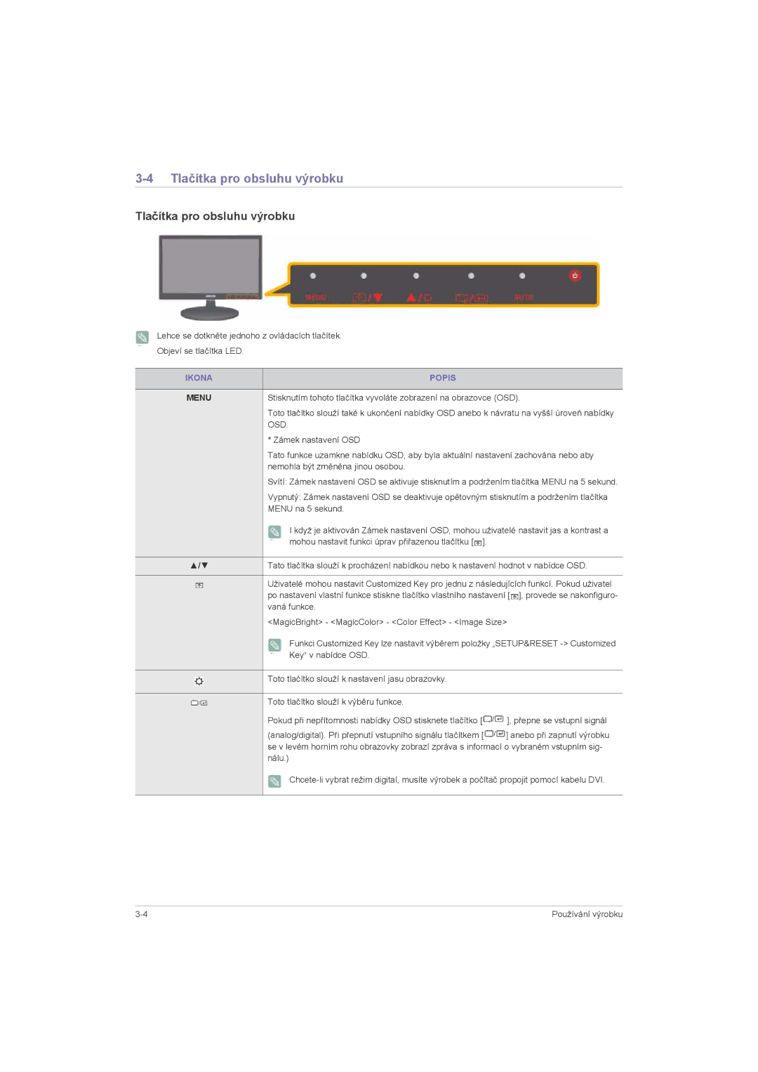 Samsung LS20LRZKUV/EN, LS22LRZKUV/EN, LS23LRZKUV/EN, LS19LRKKUV/EN manual Tlačítka pro obsluhu výrobku, Ikona Popis 