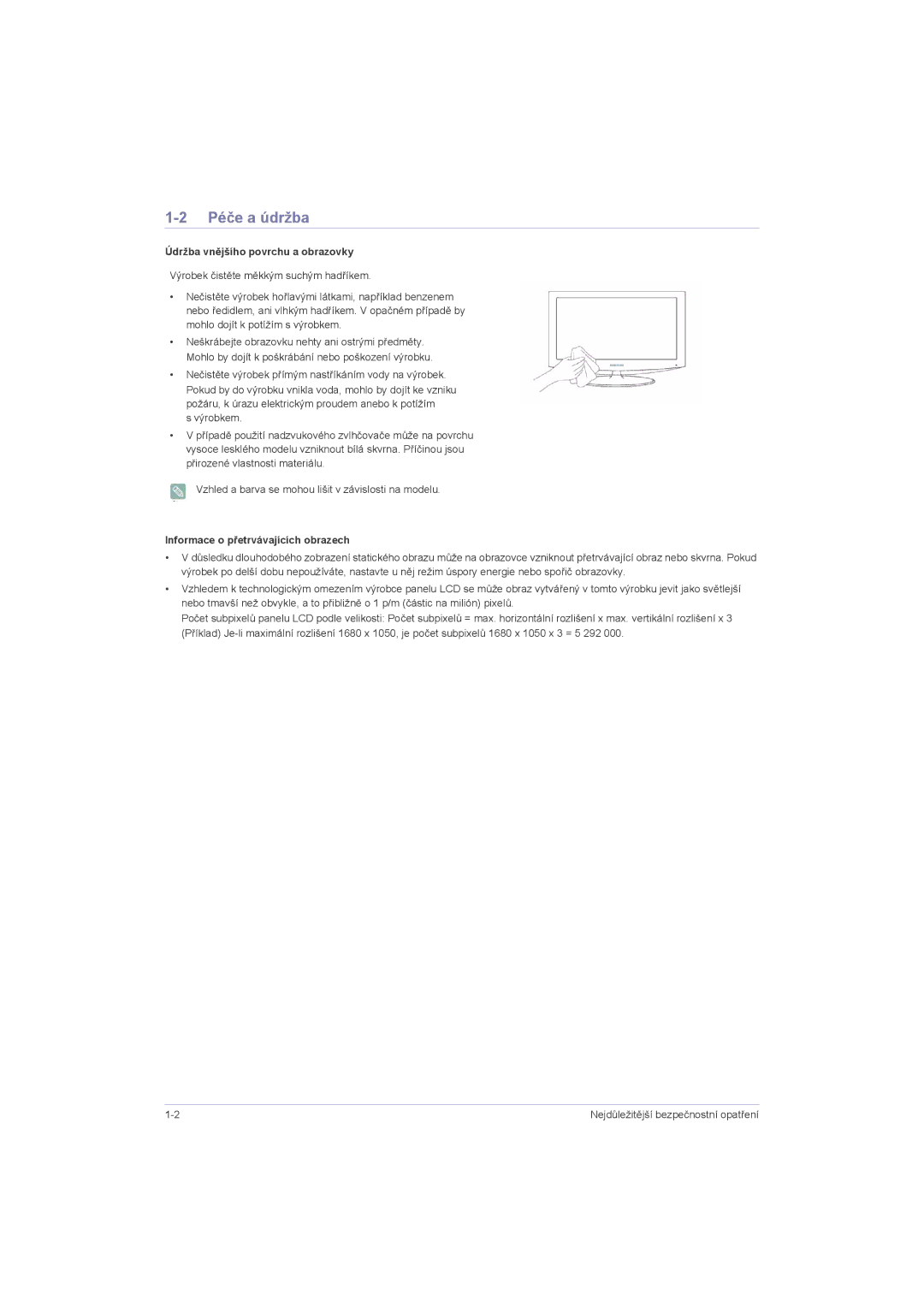 Samsung LS23LRZKUV/EN manual Péče a údržba, Údržba vnějšího povrchu a obrazovky, Informace o přetrvávajících obrazech 