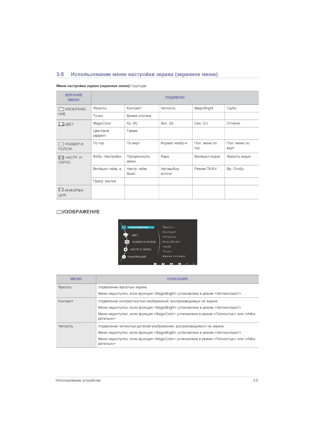 Samsung LS22LRJKUV/EN Использование меню настройки экрана экранное меню, Меню настройки экрана экранное менюСтруктура 