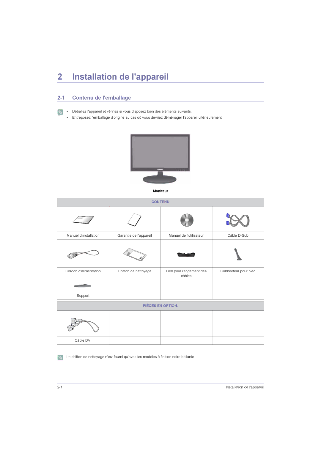 Samsung LS23LRZKUV/EN manual Installation de lappareil, Contenu de lemballage, Chiffon de nettoyage, Pièces EN Option 