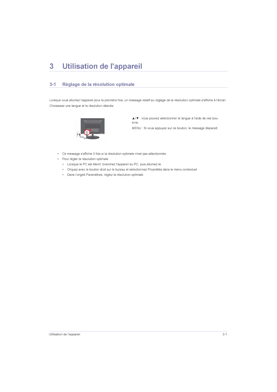 Samsung LS22LRZKUV/EN, LS20LRZKUV/EN, LS23LRZKUV/EN manual Utilisation de lappareil, Réglage de la résolution optimale 