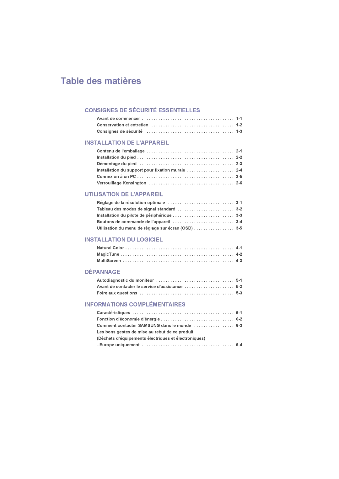 Samsung LS23LRZKUV/ZC, LS20LRZKUV/EN, LS22LRZKUV/EN, LS23LRZKUV/EN manual Table des matières, Installation DE Lappareil 