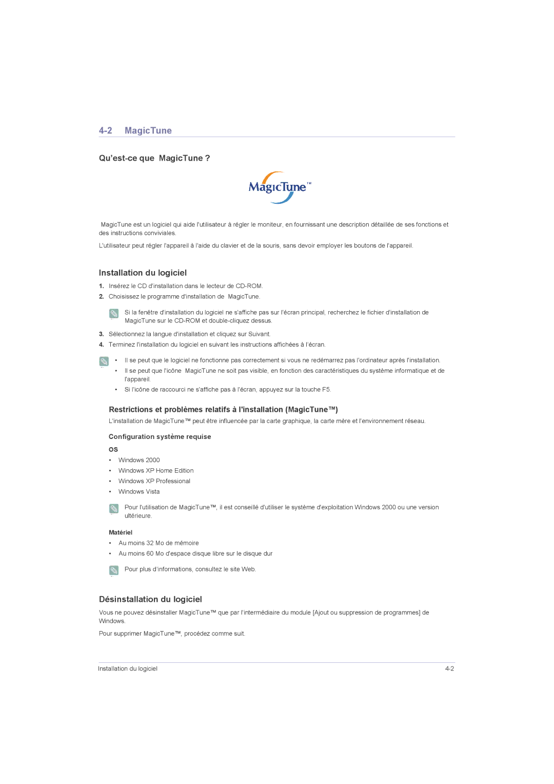 Samsung LS22LRZKUV/EN manual Qu’est-ce que MagicTune ?, Installation du logiciel, Désinstallation du logiciel, Matériel 
