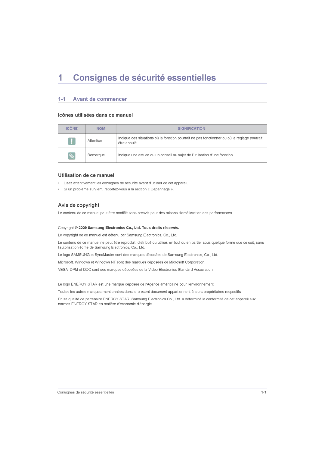 Samsung LS22LRZKUV/EN manual Consignes de sécurité essentielles, Avant de commencer, Icônes utilisées dans ce manuel 