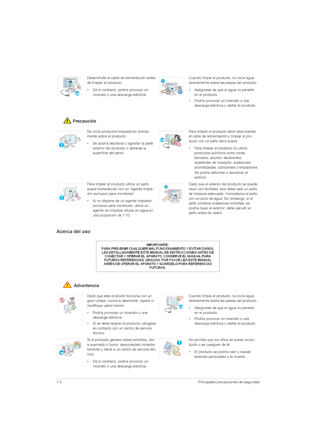 Samsung LS23LRZKUV/EN, LS20LRZKUV/EN, LS22LRZKUV/EN manual Acerca del uso, Asegúrese de que el agua no penetre en el producto 