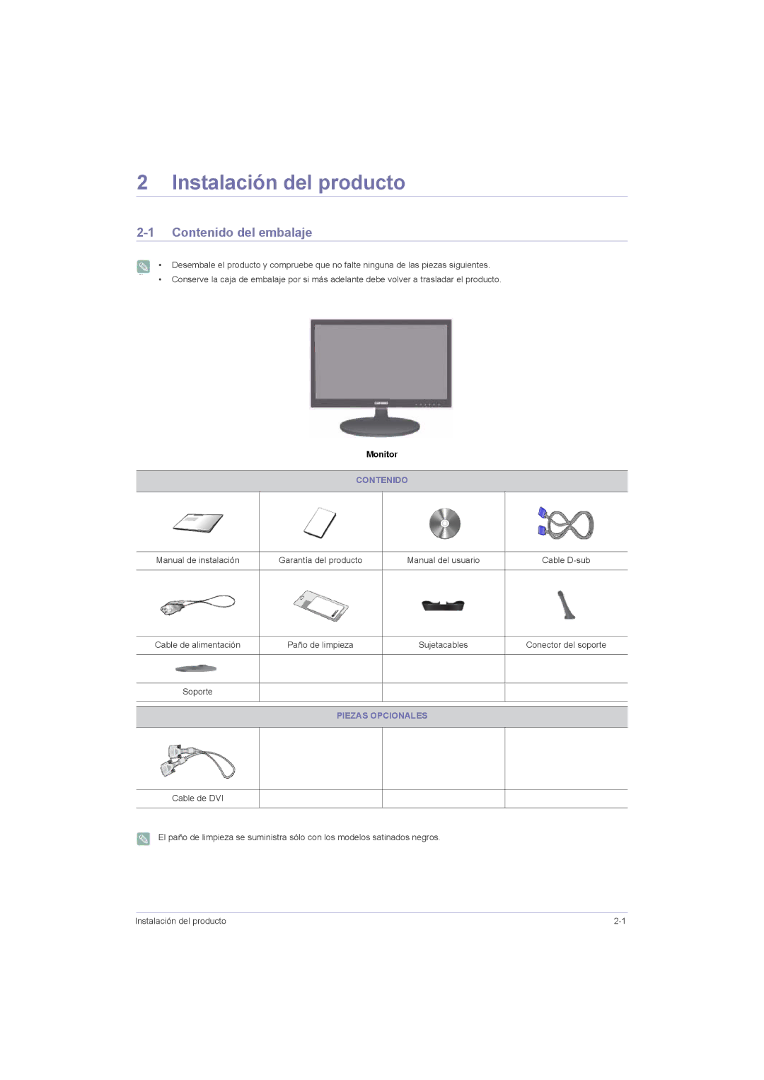 Samsung LS22LRZKUV/EN, LS20LRZKUV/EN, LS23LRZKUV/EN Instalación del producto, Contenido del embalaje, Piezas Opcionales 