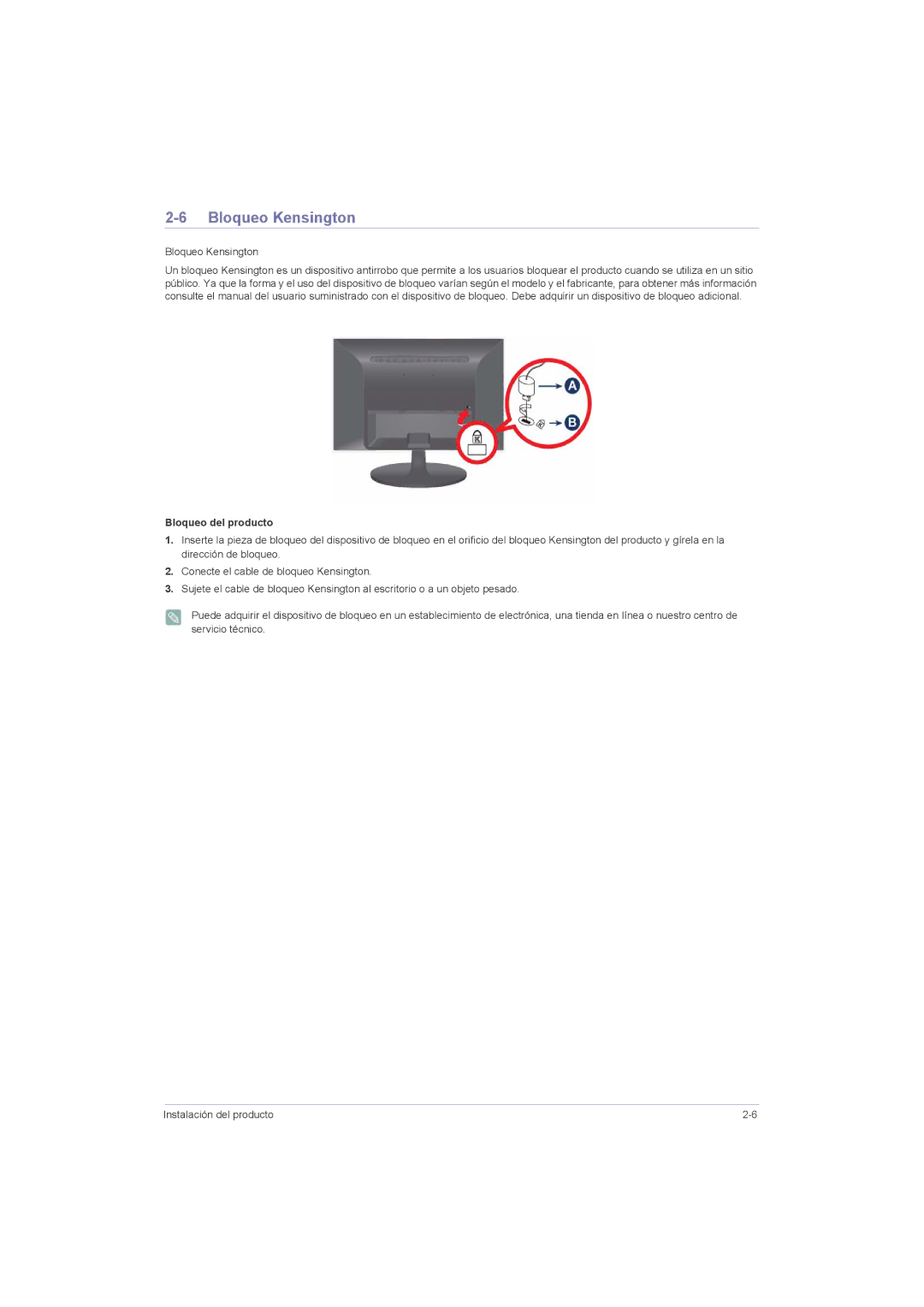 Samsung LS23LRZKUV/ZC, LS20LRZKUV/EN, LS22LRZKUV/EN, LS23LRZKUV/EN manual Bloqueo Kensington, Bloqueo del producto 