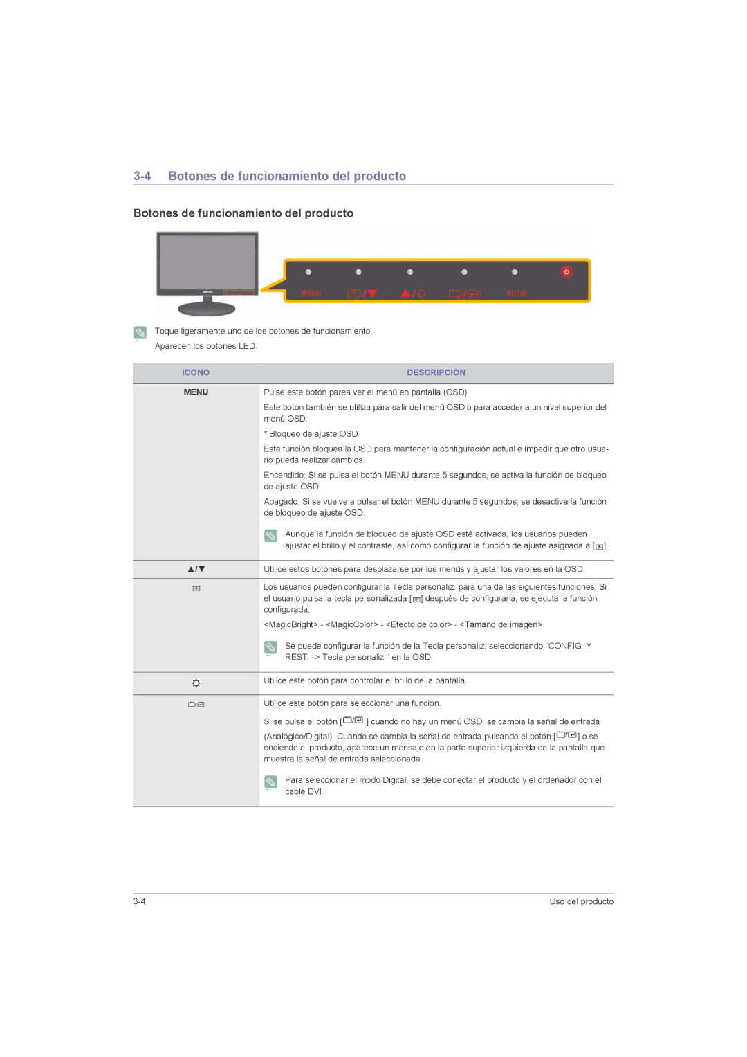 Samsung LS20LRZKUV/EN, LS22LRZKUV/EN, LS23LRZKUV/EN, LS23LRZKUV/ZC Botones de funcionamiento del producto, Icono Descripción 