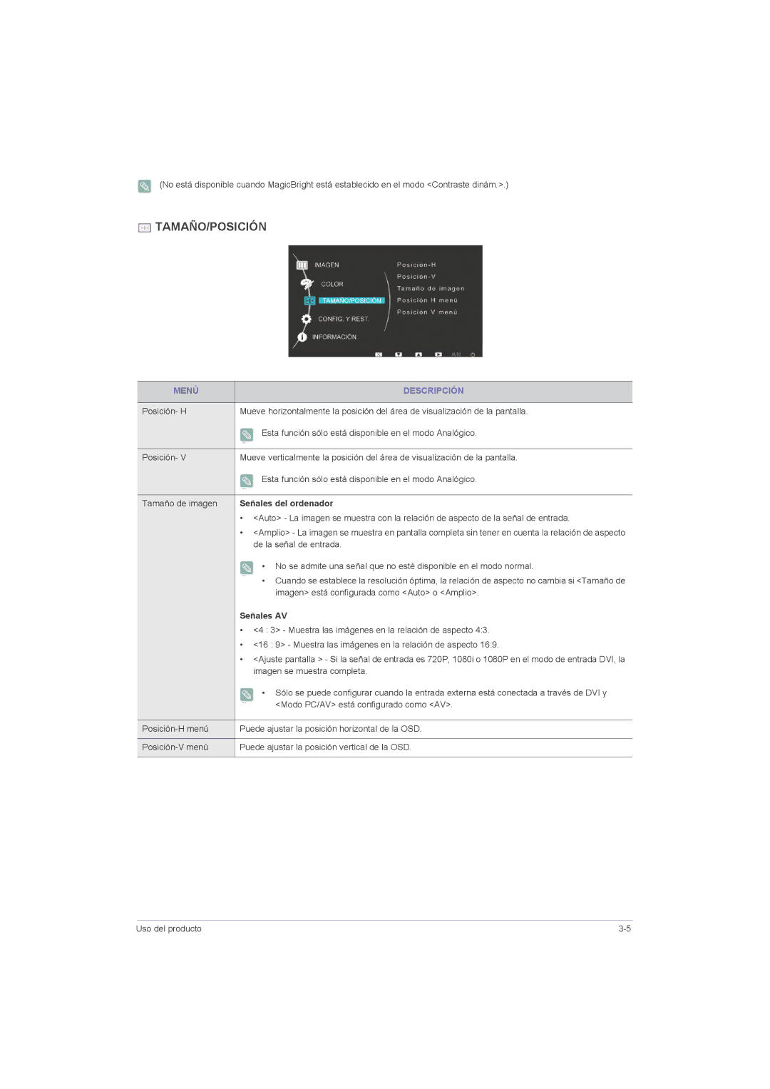 Samsung LS22LRZKUV/EN manual Señales del ordenador, De la señal de entrada, Imagen está configurada como Auto o Amplio 