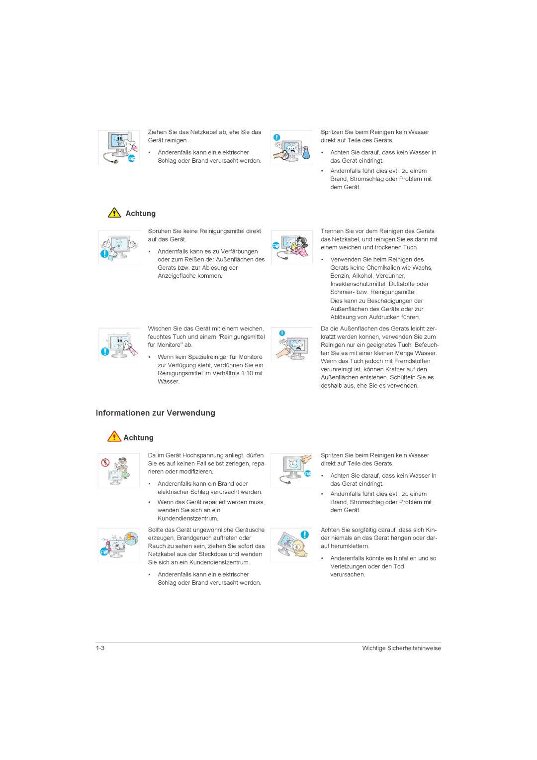 Samsung LS22LRZKUV/EN, LS20LRZKUV/EN Informationen zur Verwendung, Ziehen Sie das Netzkabel ab, ehe Sie das Gerät reinigen 