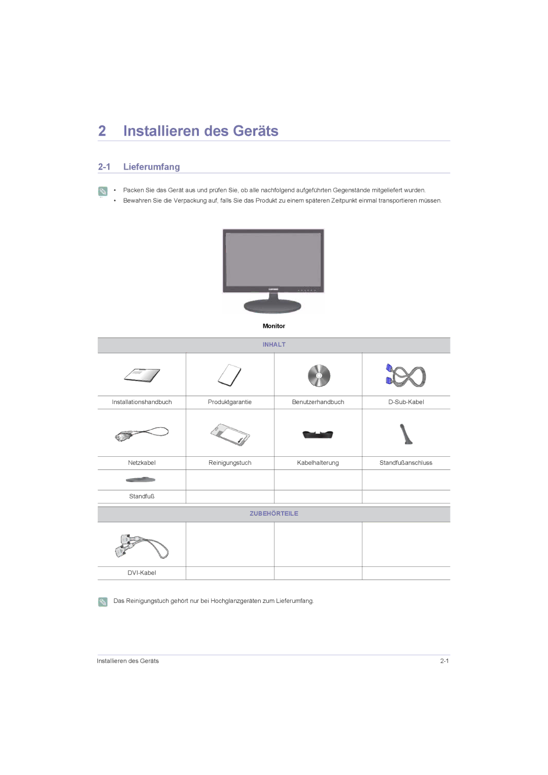 Samsung LS22LRZKUV/EN, LS20LRZKUV/EN, LS23LRZKUV/EN manual Installieren des Geräts, Lieferumfang, Inhalt, Zubehörteile 