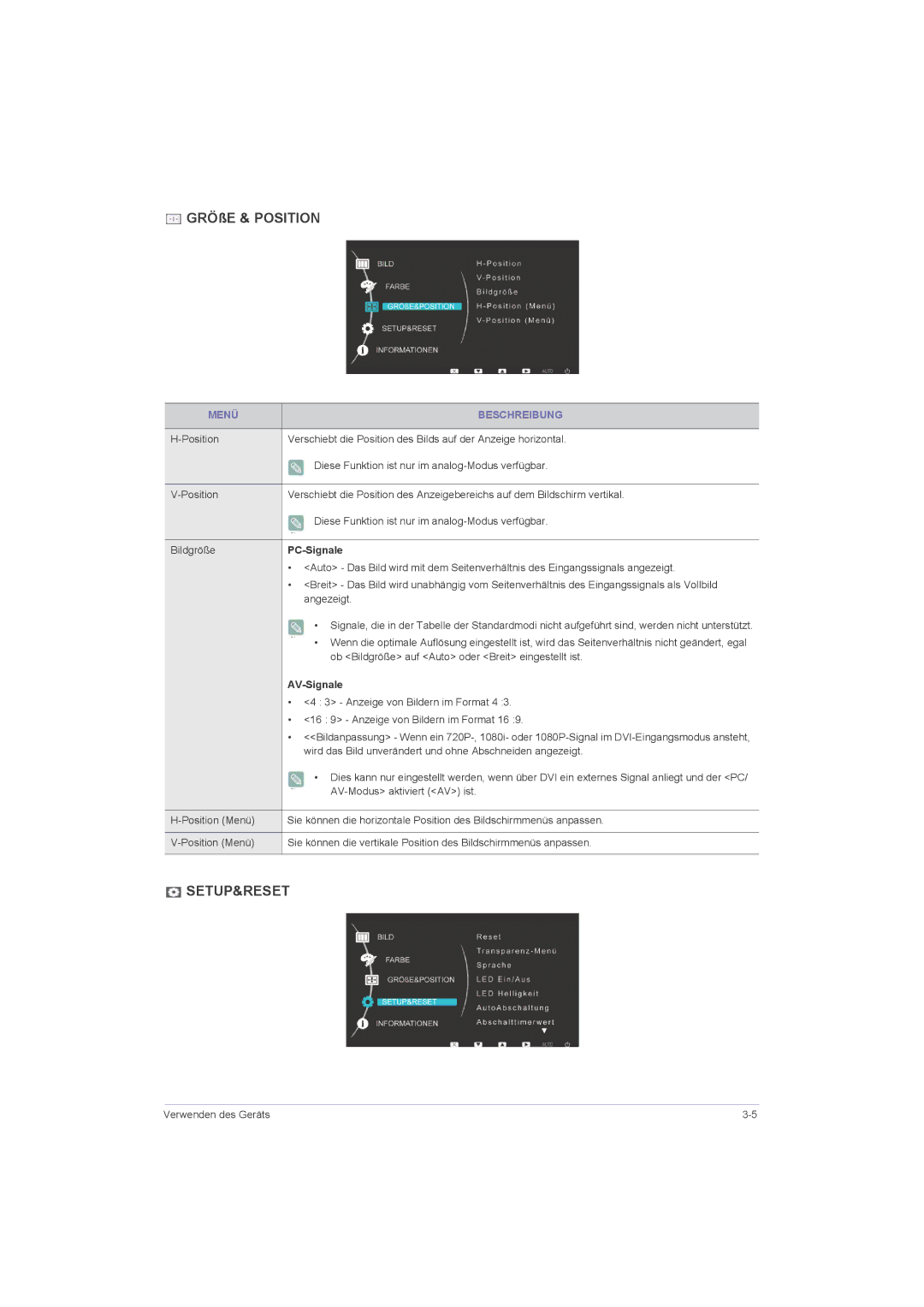 Samsung LS23LRZKUV/EN manual GRÖßE & Position, PC-Signale, Angezeigt, Ob Bildgröße auf Auto oder Breit eingestellt ist 