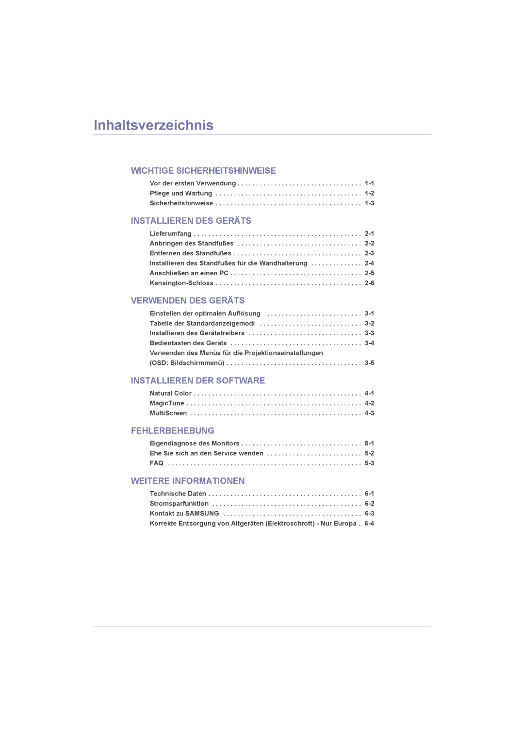 Samsung LS20LRZKUV/EN, LS22LRZKUV/EN, LS23LRZKUV/EN manual Inhaltsverzeichnis, Installieren DES Geräts 