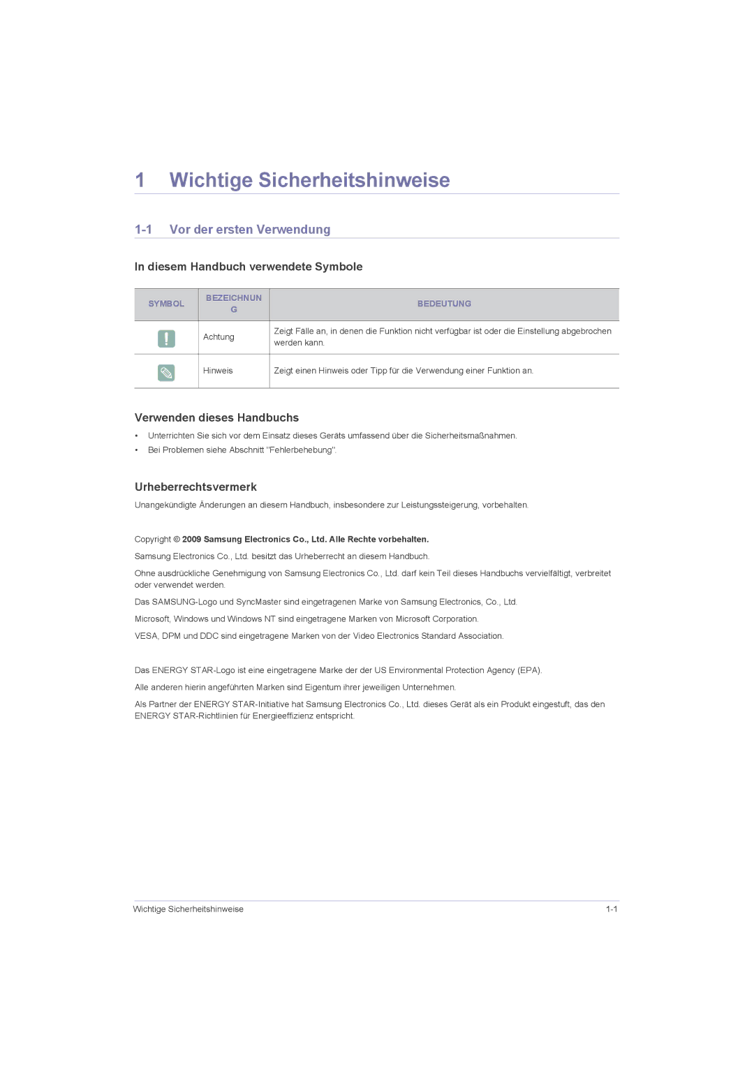 Samsung LS23LRZKUV/EN manual Wichtige Sicherheitshinweise, Vor der ersten Verwendung, Diesem Handbuch verwendete Symbole 