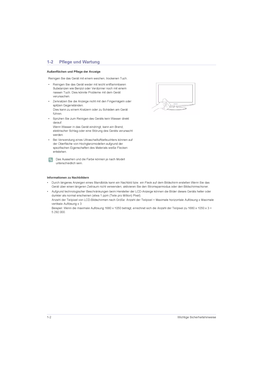 Samsung LS20LRZKUV/EN, LS22LRZKUV/EN Pflege und Wartung, Außenflächen und Pflege der Anzeige, Informationen zu Nachbildern 