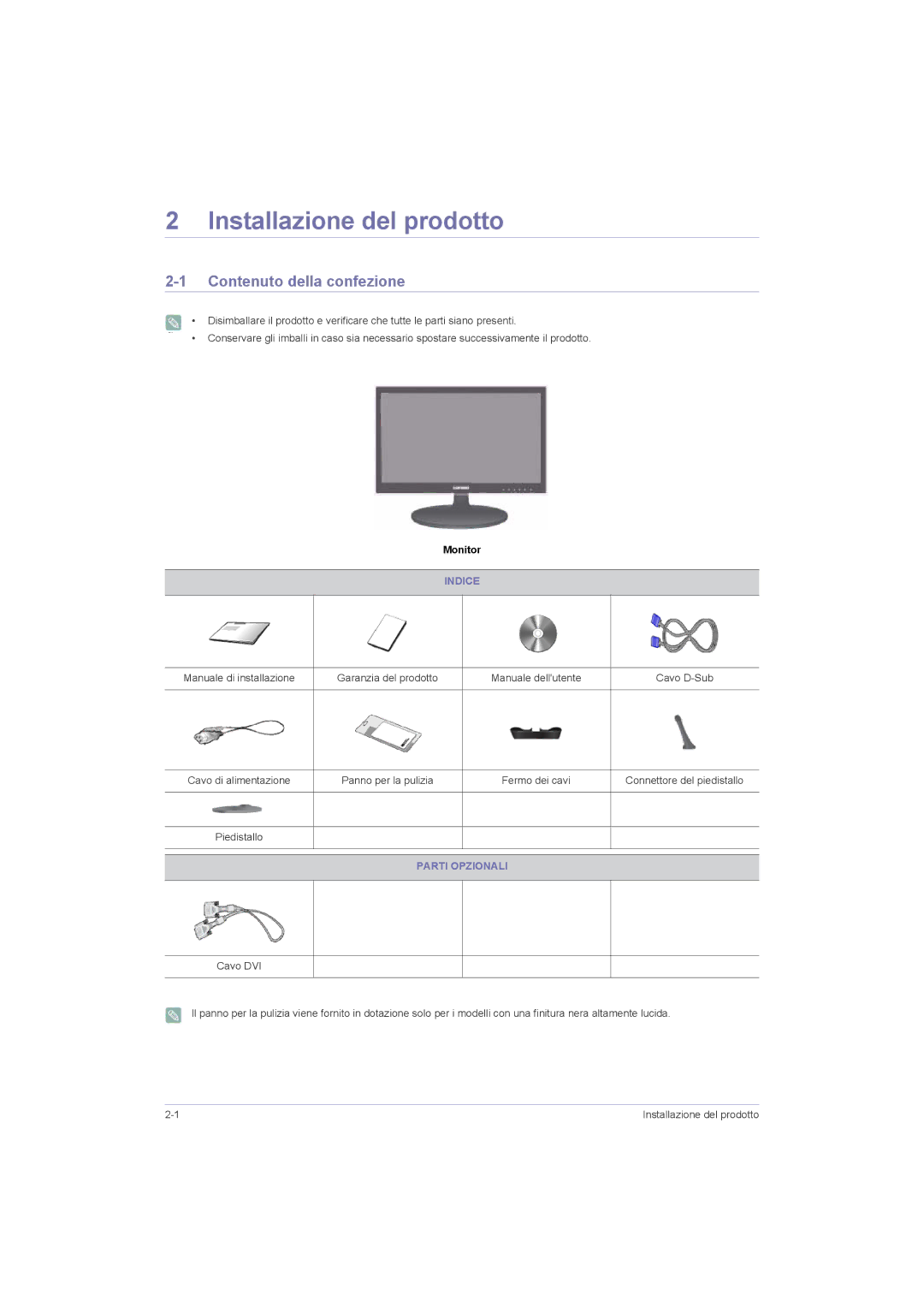 Samsung LS23LRZKUV/EN, LS20LRZKUV/EN manual Installazione del prodotto, Contenuto della confezione, Indice, Parti Opzionali 