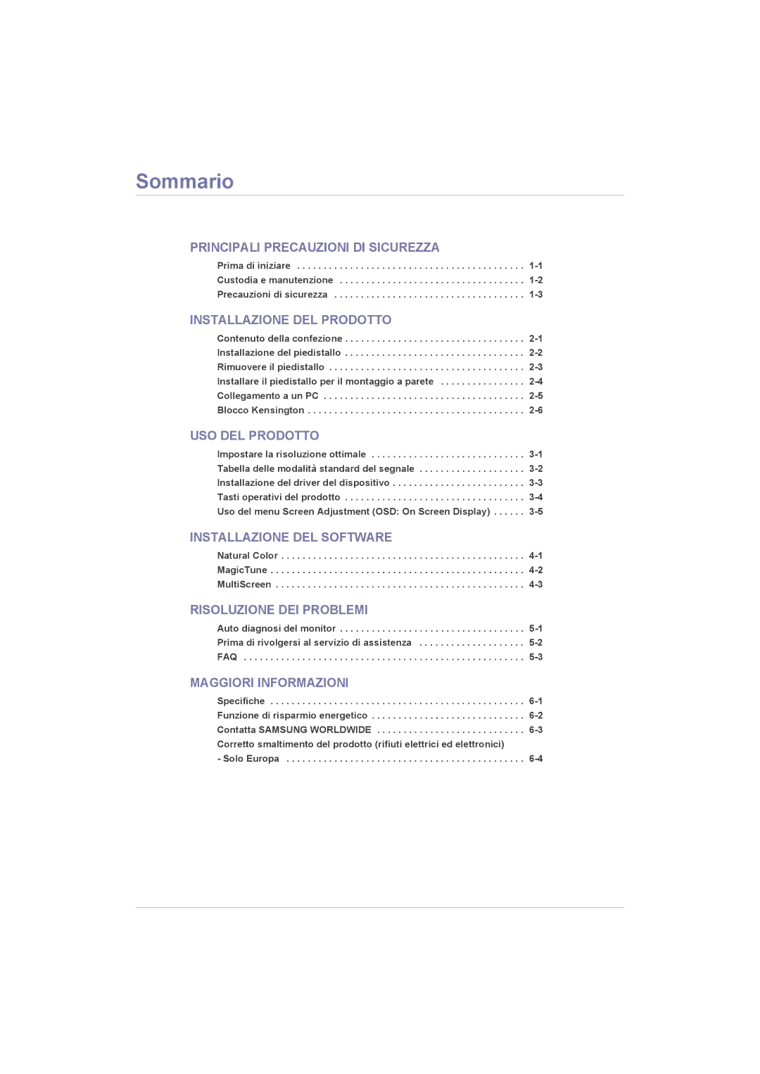 Samsung LS20LRZKUV/EN, LS22LRZKUV/EN, LS23LRZKUV/EN manual Sommario, Installazione DEL Prodotto 