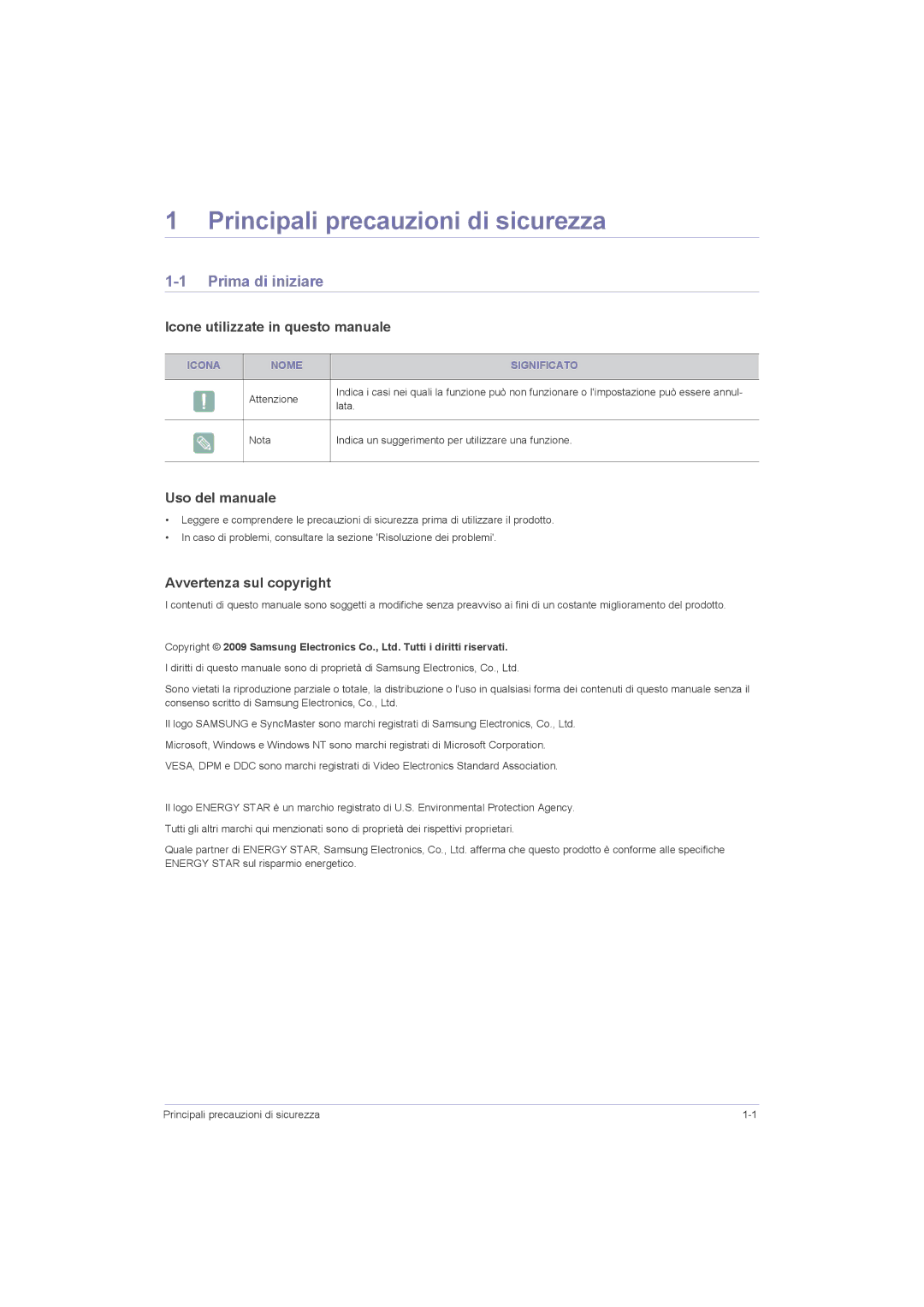 Samsung LS23LRZKUV/EN Principali precauzioni di sicurezza, Prima di iniziare, Icone utilizzate in questo manuale 