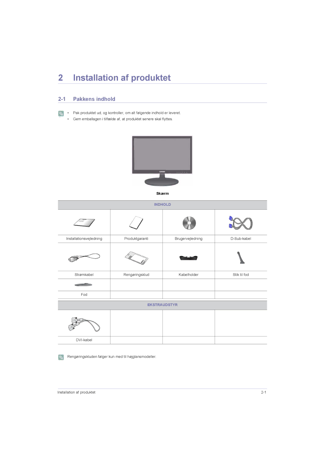 Samsung LS22LRZKUV/EN, LS20LRZKUV/EN, LS23LRZKUV/EN manual Installation af produktet, Pakkens indhold, Indhold, Ekstraudstyr 