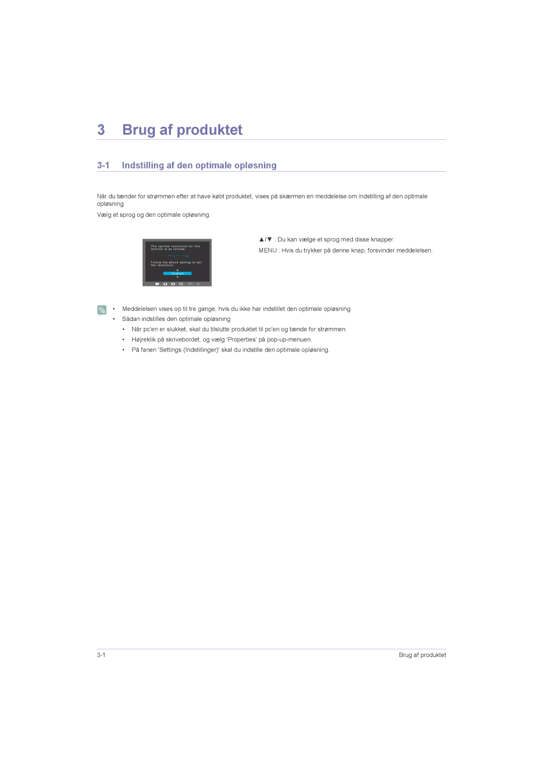 Samsung LS23LRZKUV/EN, LS20LRZKUV/EN, LS22LRZKUV/EN manual Brug af produktet, Indstilling af den optimale opløsning 