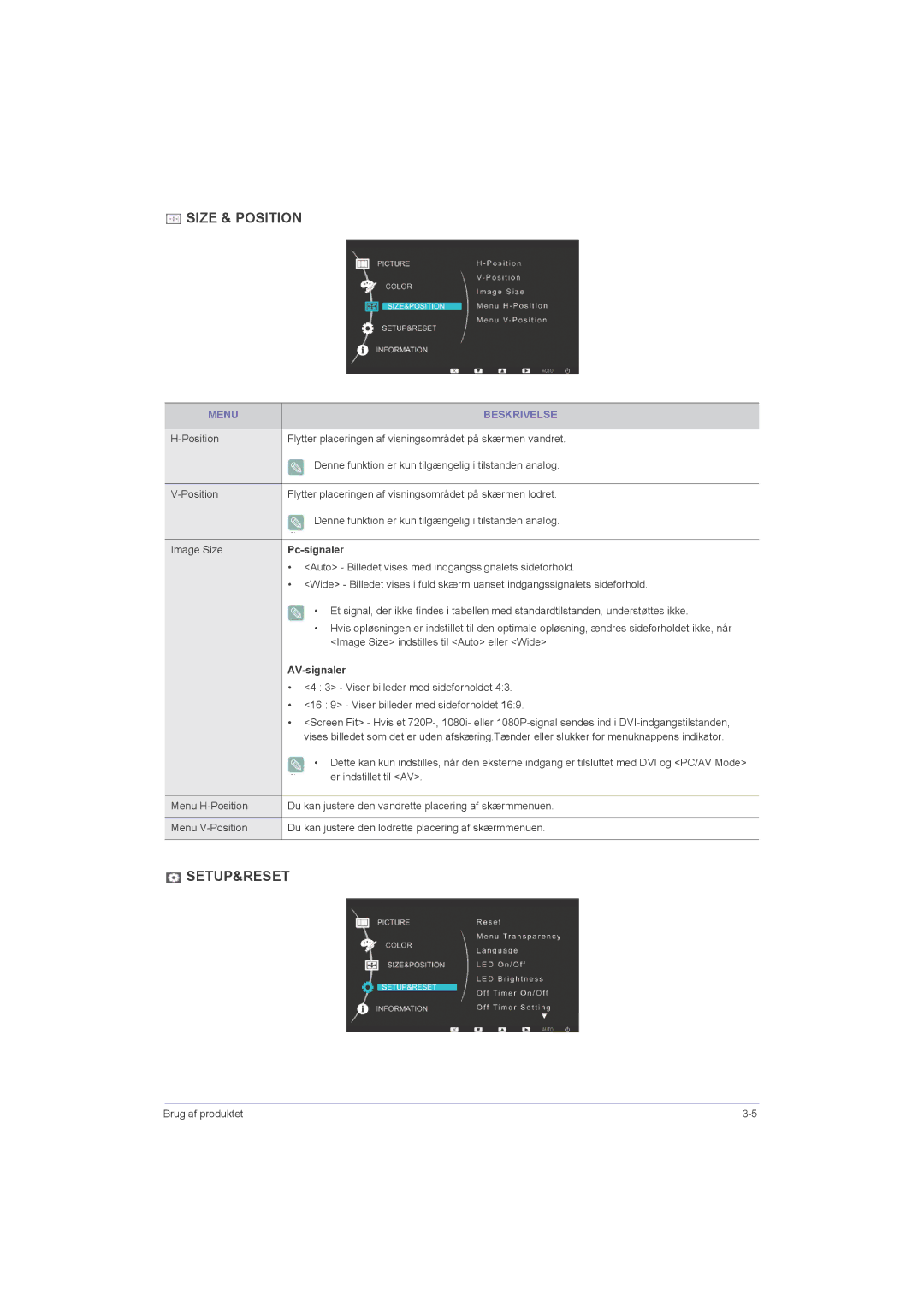 Samsung LS23LRZKUV/EN manual Position, Pc-signaler, Auto Billedet vises med indgangssignalets sideforhold, AV-signaler 