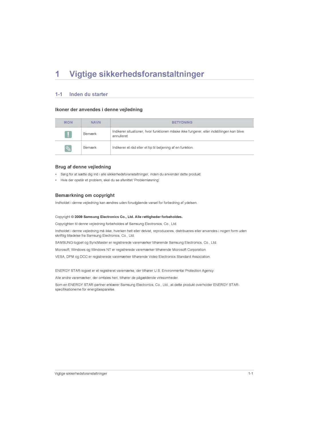 Samsung LS23LRZKUV/EN manual Vigtige sikkerhedsforanstaltninger, Inden du starter, Ikoner der anvendes i denne vejledning 