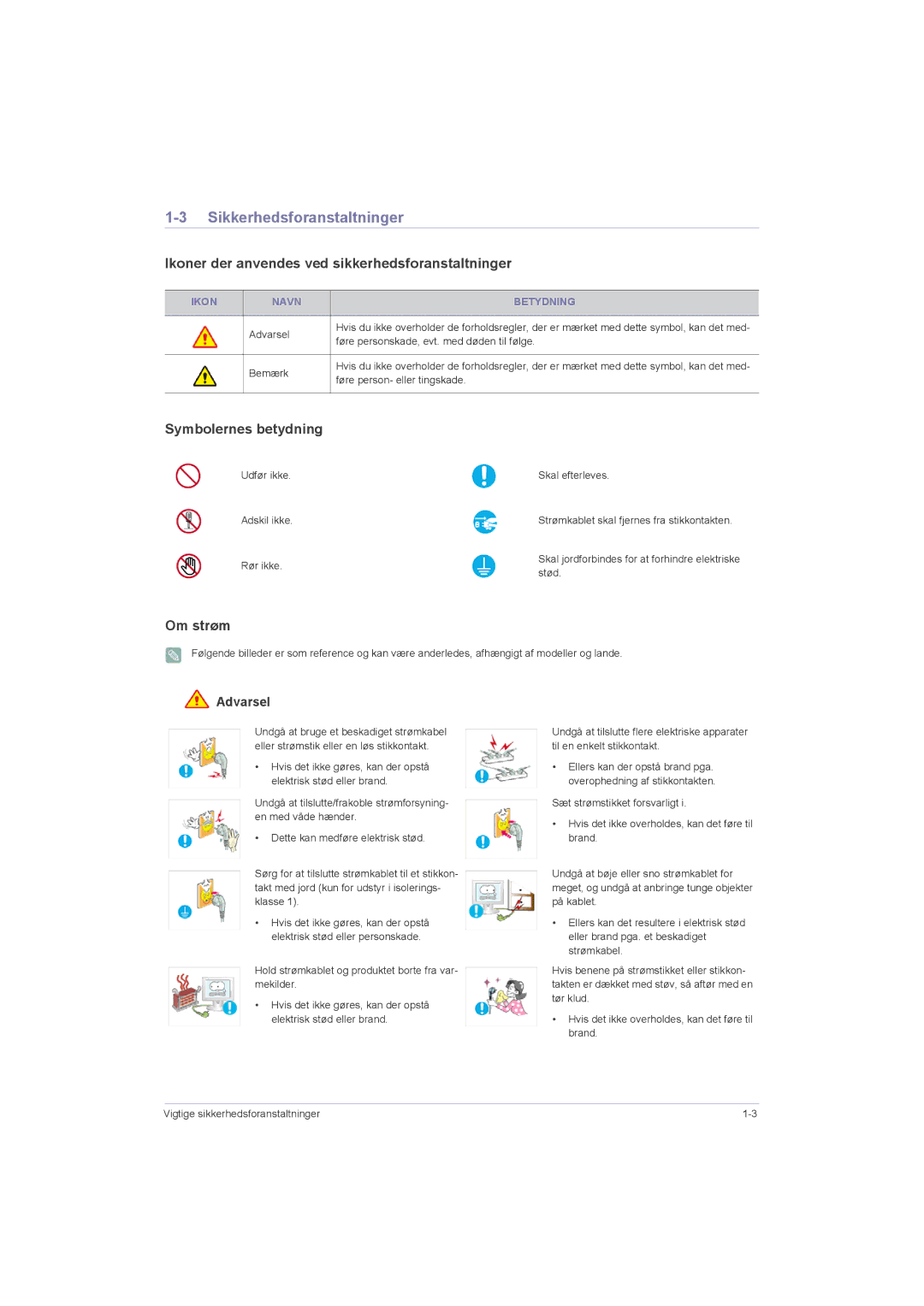 Samsung LS22LRZKUV/EN manual Sikkerhedsforanstaltninger, Ikoner der anvendes ved sikkerhedsforanstaltninger, Om strøm 