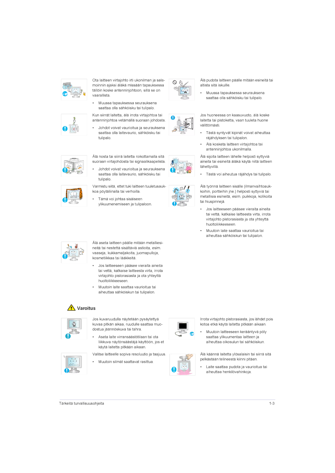 Samsung LS23LRZKUV/EN, LS20LRZKUV/EN, LS22LRZKUV/EN manual Tämä voi johtaa sisäiseen ylikuumenemiseen ja tulipaloon 