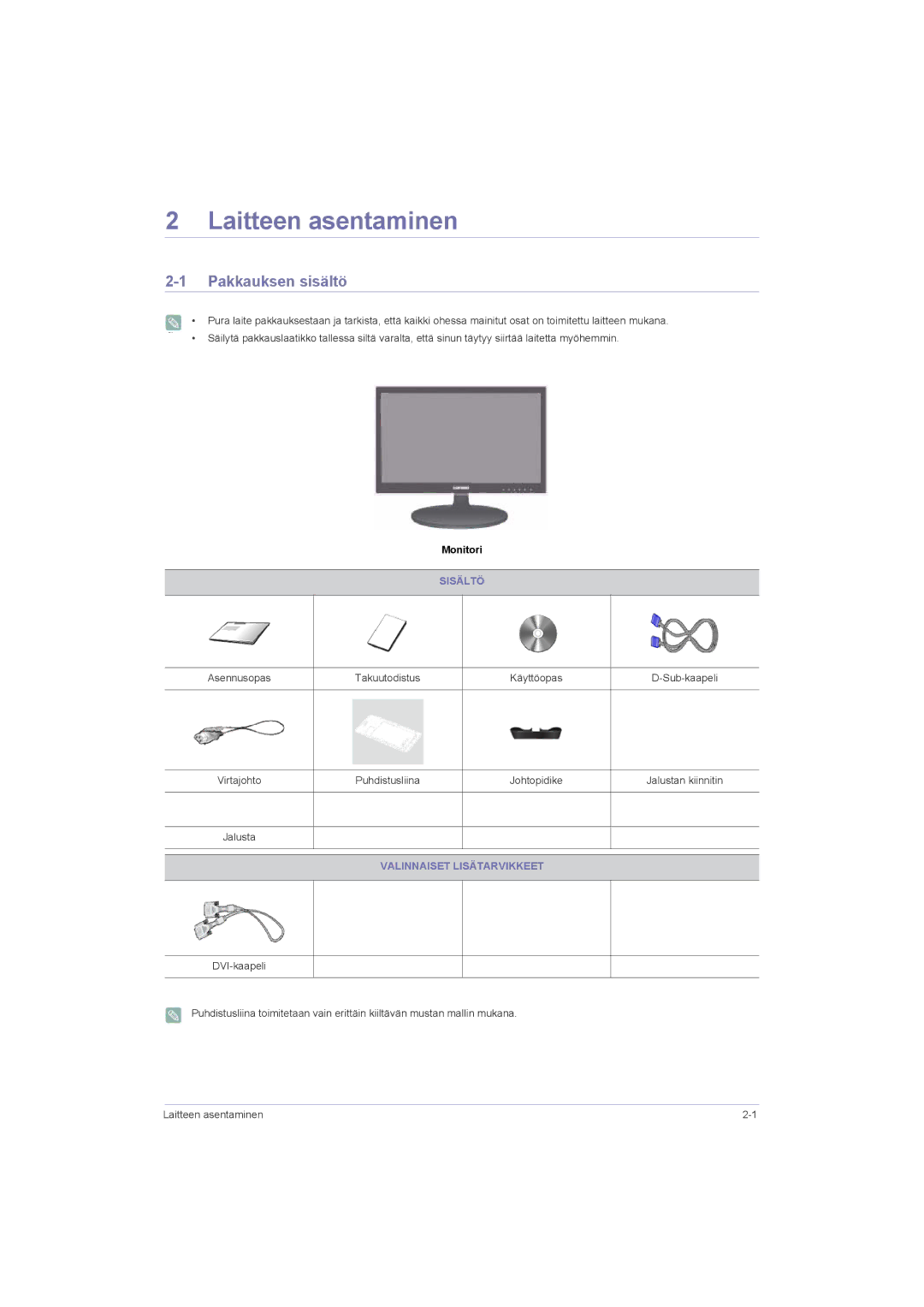 Samsung LS22LRZKUV/EN, LS20LRZKUV/EN manual Laitteen asentaminen, Pakkauksen sisältö, Sisältö, Valinnaiset Lisätarvikkeet 