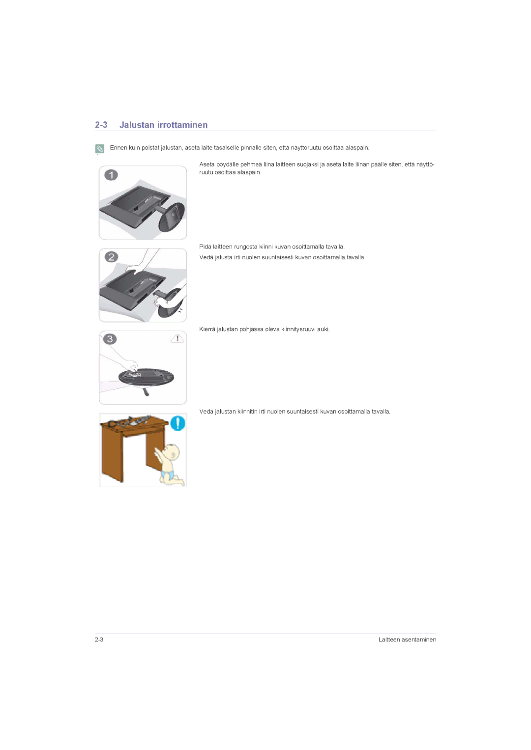 Samsung LS22LRZKUV/EN, LS20LRZKUV/EN, LS23LRZKUV/EN manual Jalustan irrottaminen 