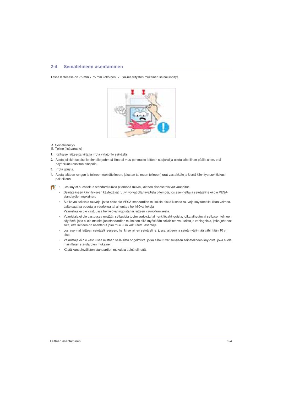 Samsung LS23LRZKUV/EN, LS20LRZKUV/EN, LS22LRZKUV/EN manual Seinätelineen asentaminen 