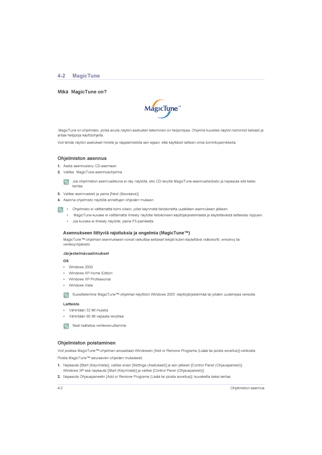 Samsung LS23LRZKUV/EN, LS20LRZKUV/EN manual Mikä MagicTune on?, Ohjelmiston asennus, Ohjelmiston poistaminen, Laitteisto 