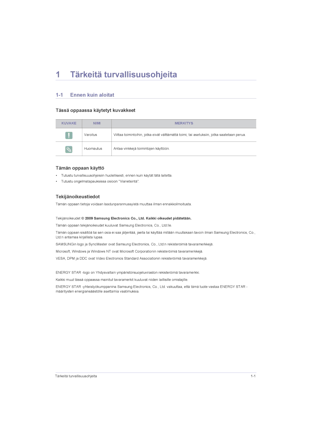 Samsung LS23LRZKUV/EN, LS20LRZKUV/EN Tärkeitä turvallisuusohjeita, Ennen kuin aloitat, Tässä oppaassa käytetyt kuvakkeet 