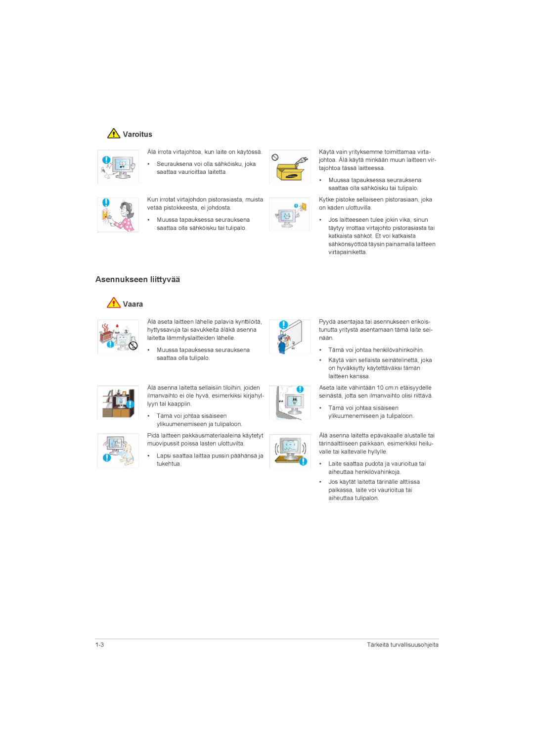 Samsung LS23LRZKUV/EN, LS20LRZKUV/EN, LS22LRZKUV/EN manual Asennukseen liittyvää, Varoitus 