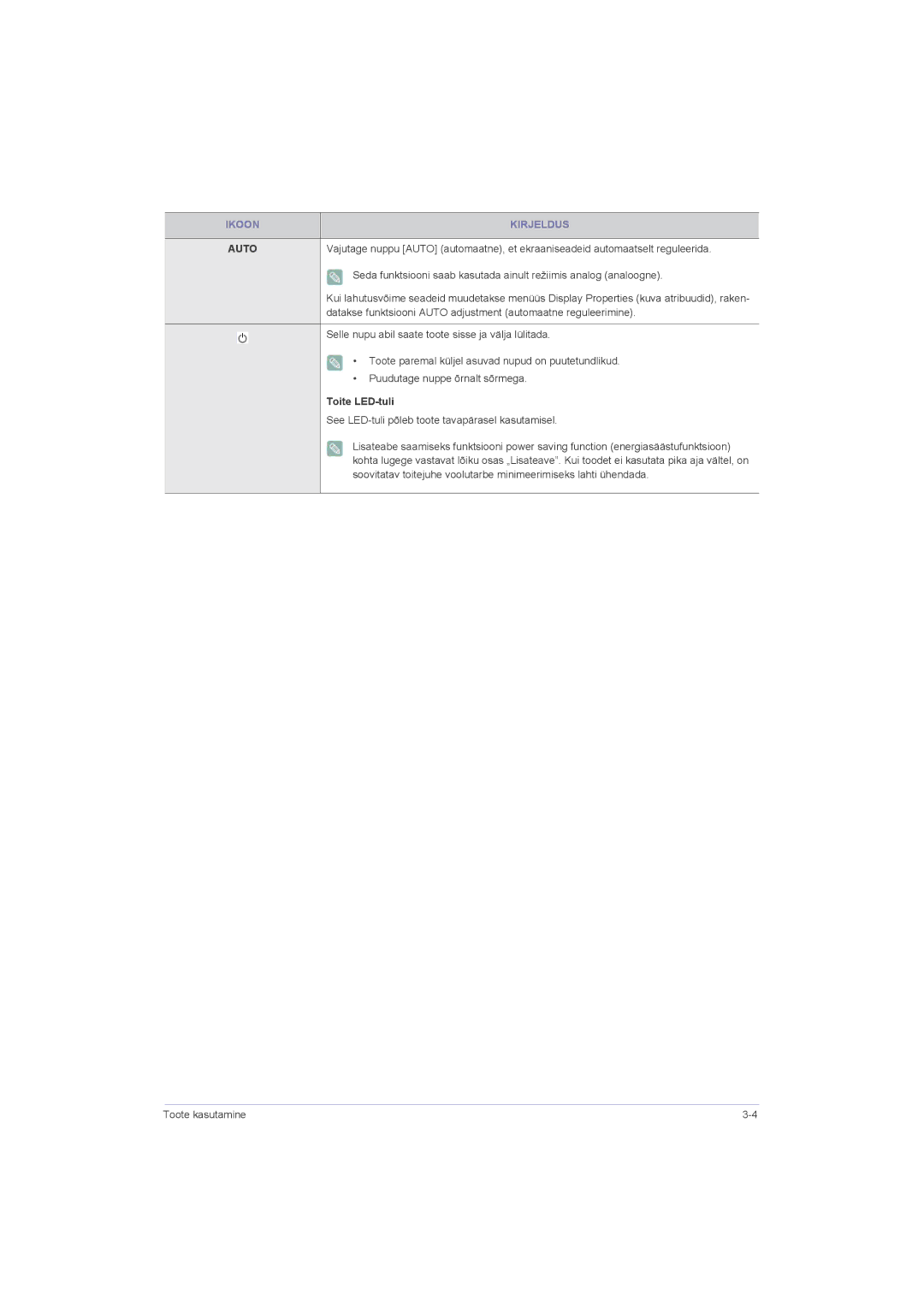 Samsung LS22LRZKUV/EN Selle nupu abil saate toote sisse ja välja lülitada, Puudutage nuppe õrnalt sõrmega, Toite LED-tuli 