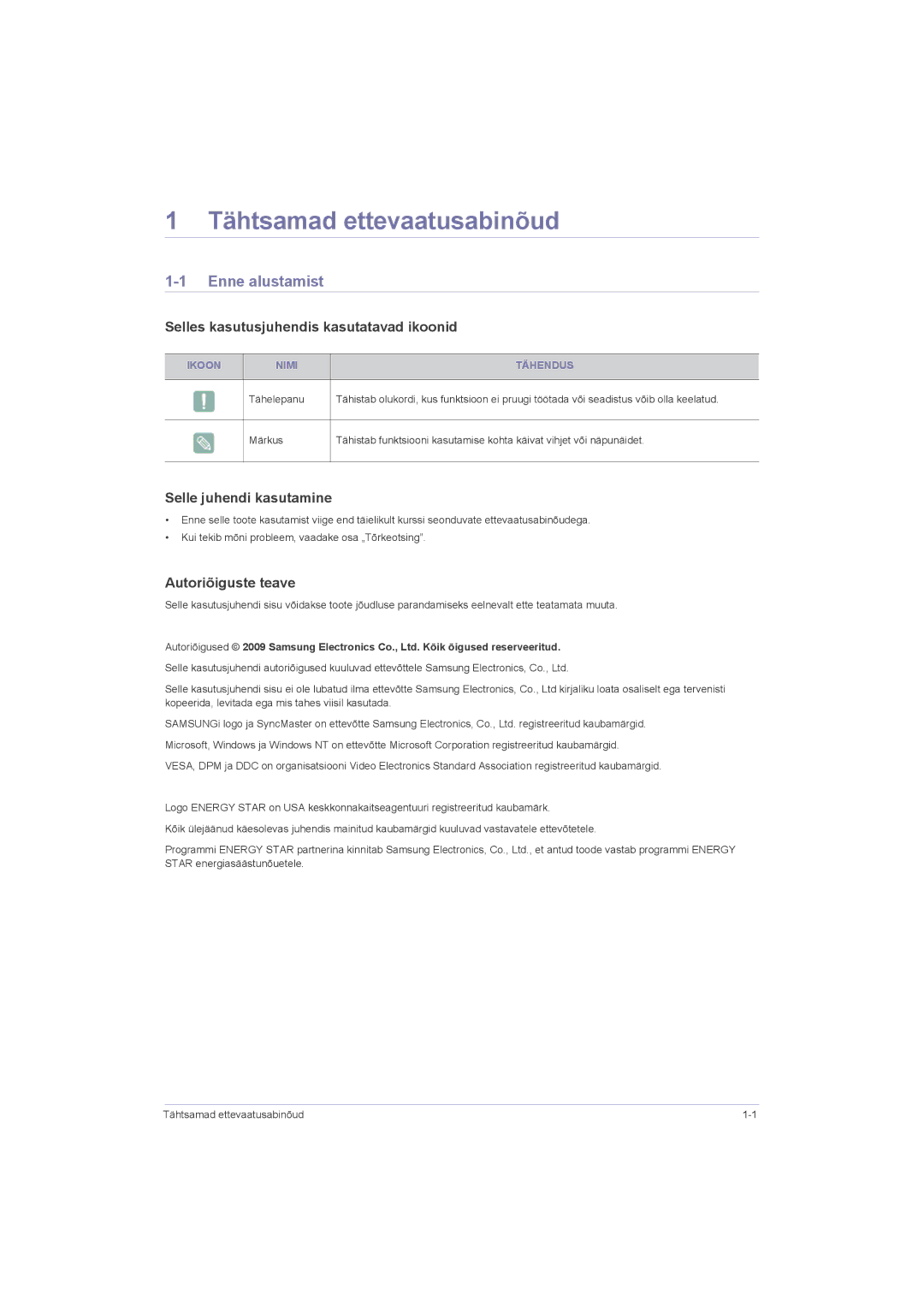 Samsung LS23LRZKUV/EN manual Tähtsamad ettevaatusabinõud, Enne alustamist, Selles kasutusjuhendis kasutatavad ikoonid 