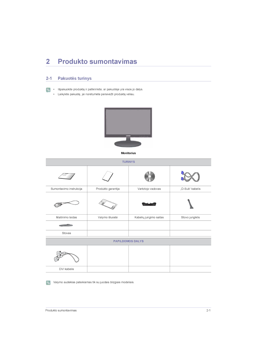 Samsung LS22LRZKUV/EN, LS20LRZKUV/EN, LS23LRZKUV/EN manual Produkto sumontavimas, Pakuotės turinys, Turinys, Papildomos Dalys 