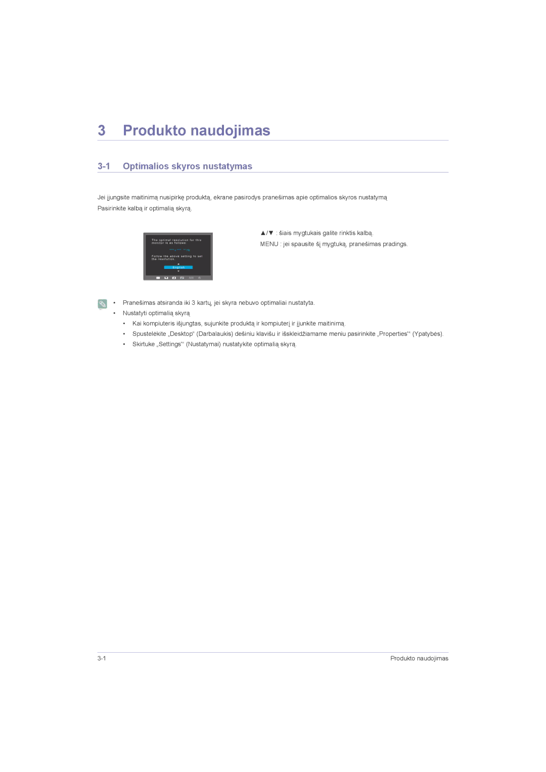 Samsung LS23LRZKUV/EN, LS20LRZKUV/EN, LS22LRZKUV/EN manual Produkto naudojimas, Optimalios skyros nustatymas 