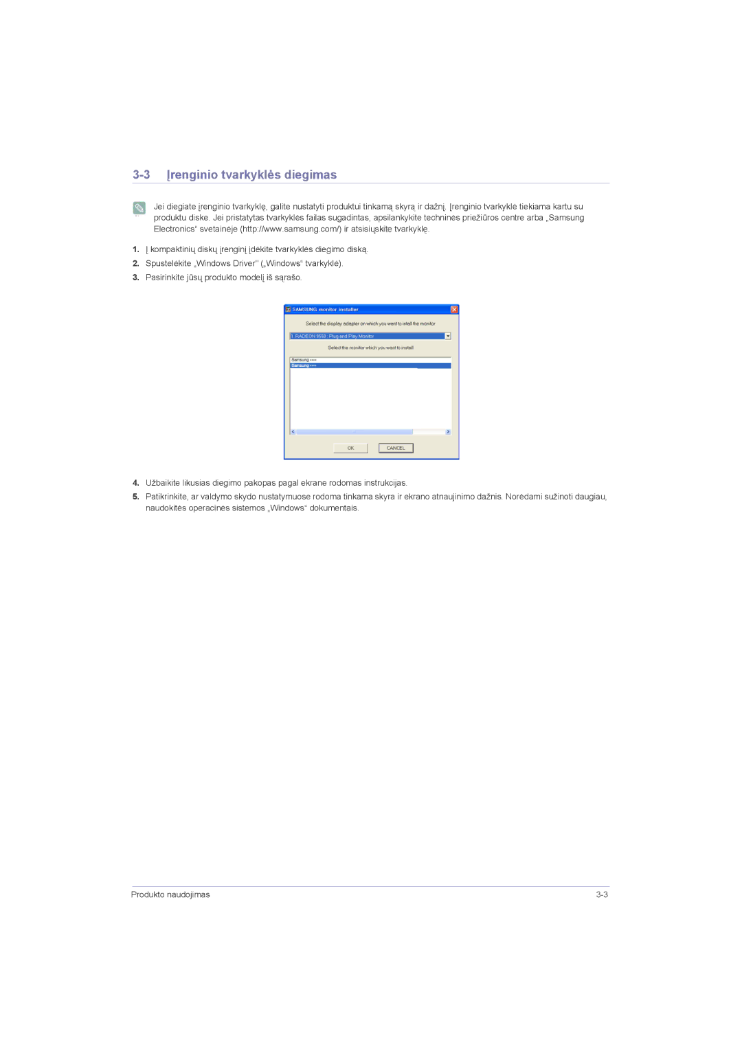 Samsung LS23LRZKUV/EN, LS20LRZKUV/EN, LS22LRZKUV/EN manual Įrenginio tvarkyklės diegimas 