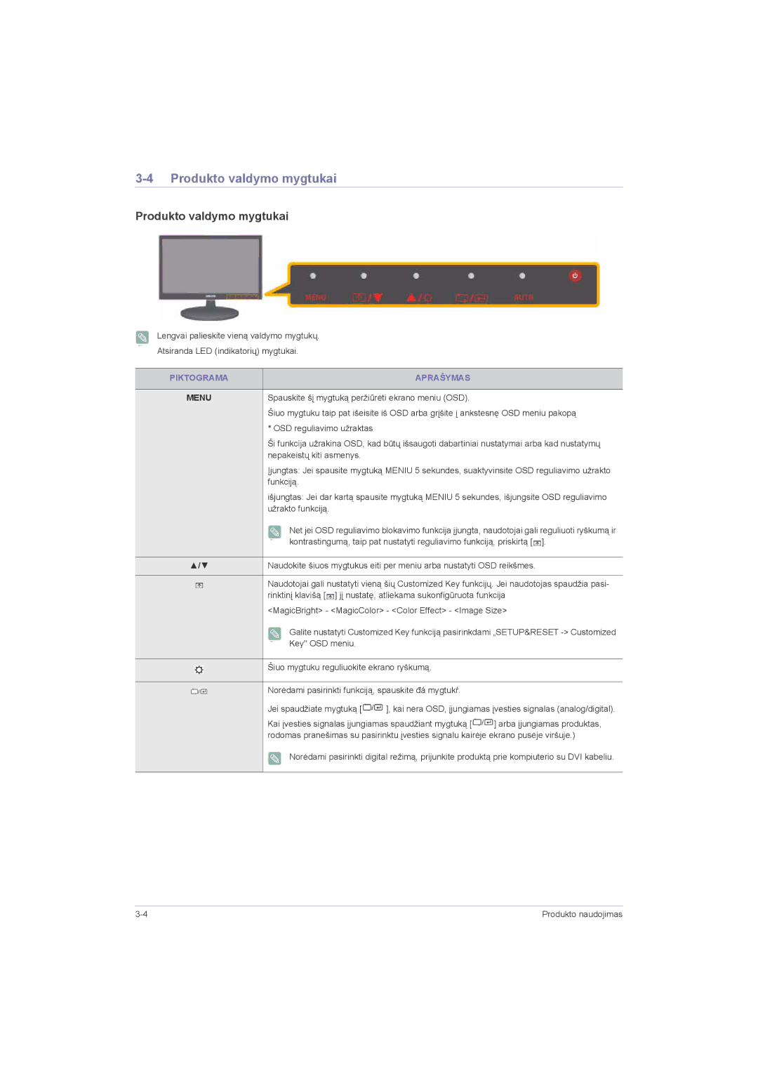 Samsung LS20LRZKUV/EN, LS22LRZKUV/EN, LS23LRZKUV/EN manual Produkto valdymo mygtukai, Piktograma Aprašymas 