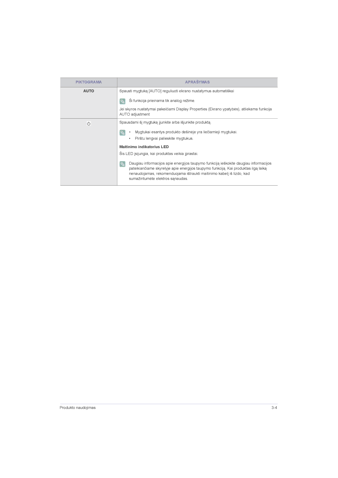 Samsung LS22LRZKUV/EN, LS20LRZKUV/EN, LS23LRZKUV/EN manual Auto, Maitinimo indikatorius LED 