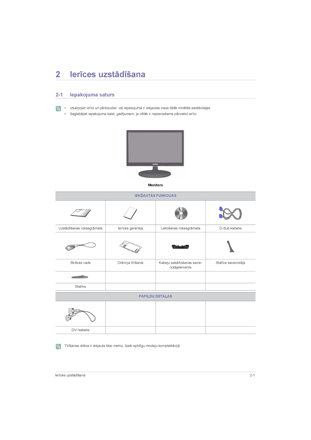 Samsung LS22LRZKUV/EN Ierīces uzstādīšana, Iepakojuma saturs, Iekďautās Funkcijas, Drāniņa tīrīšanai, Papildu Detaļas 