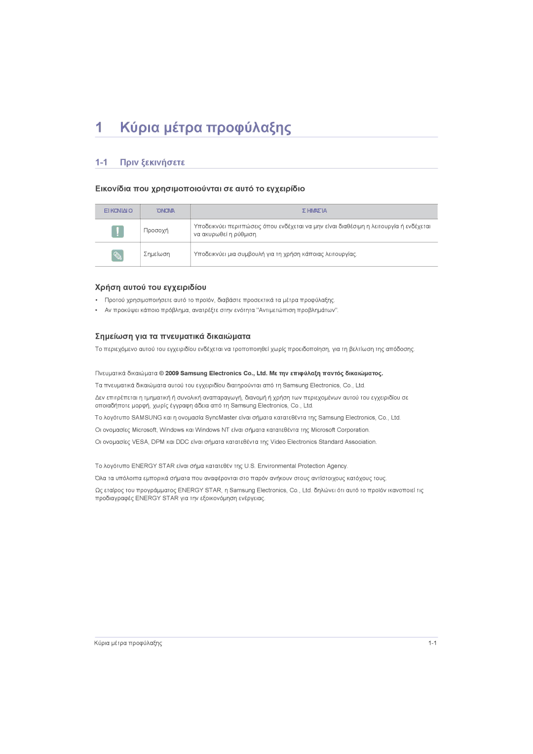 Samsung LS23LRZKUV/EN manual Κύρια μέτρα προφύλαξης, Πριν ξεκινήσετε, Εικονίδια που χρησιμοποιούνται σε αυτό το εγχειρίδιο 