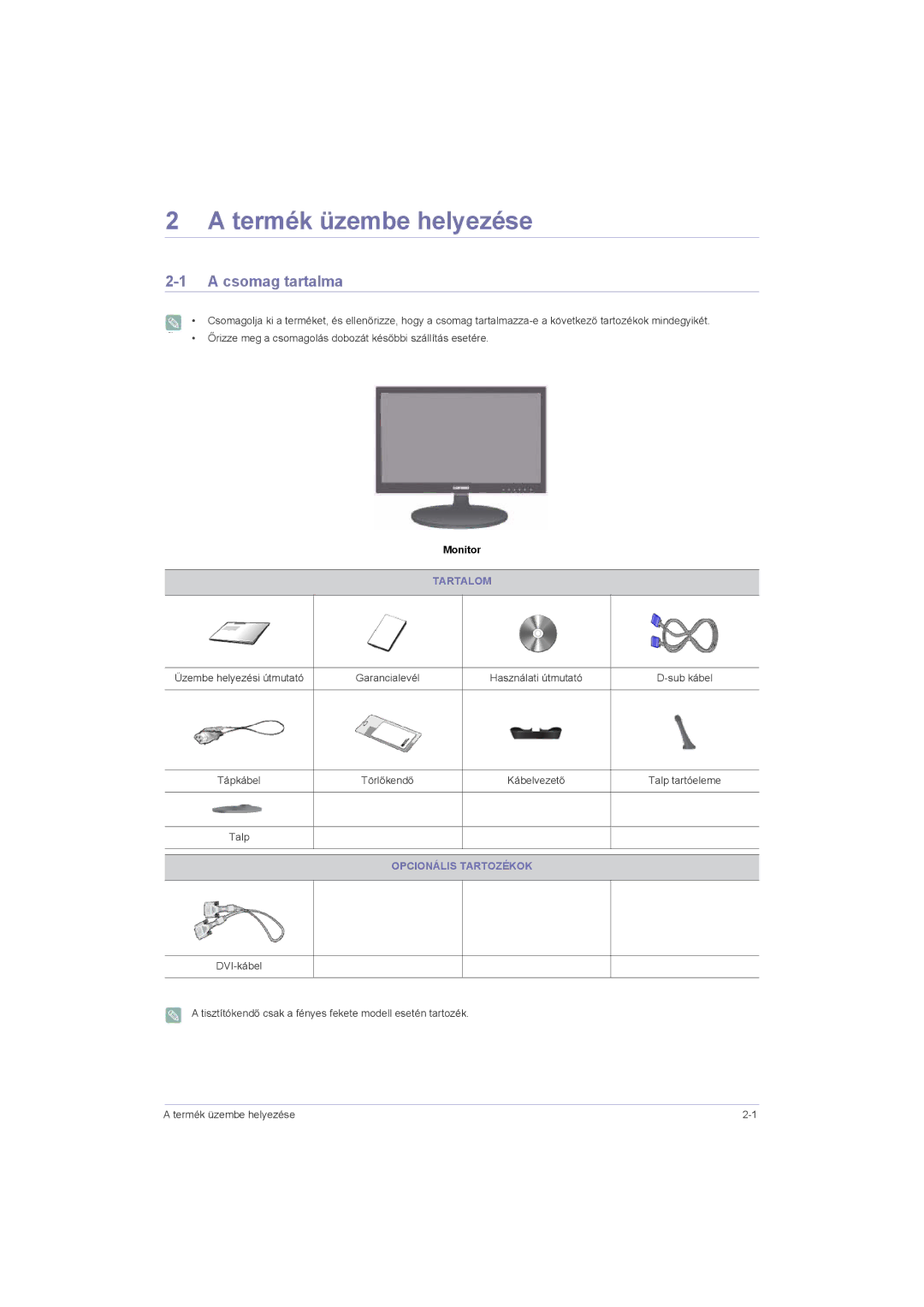 Samsung LS22LRZKUV/EN, LS20LRZKUV/EN manual Termék üzembe helyezése, Csomag tartalma, Tartalom, Opcionális Tartozékok 