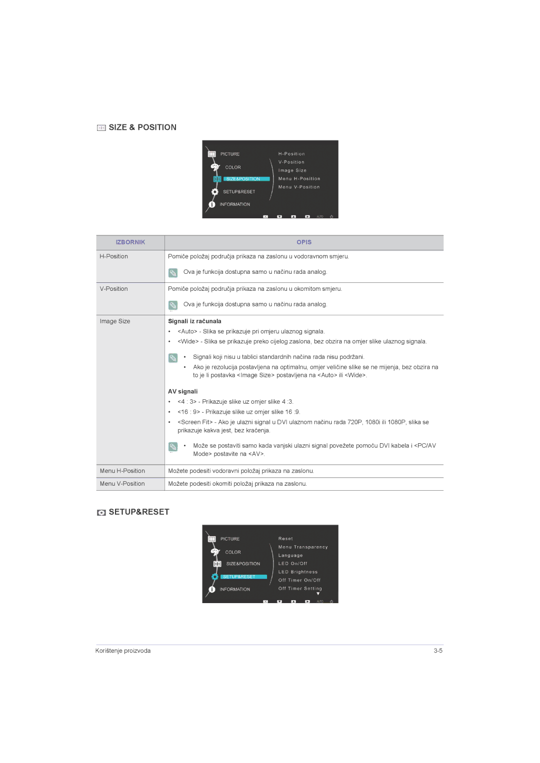 Samsung LS23LRZKUV/EN manual Position, Signali iz računala, Auto Slika se prikazuje pri omjeru ulaznog signala, AV signali 