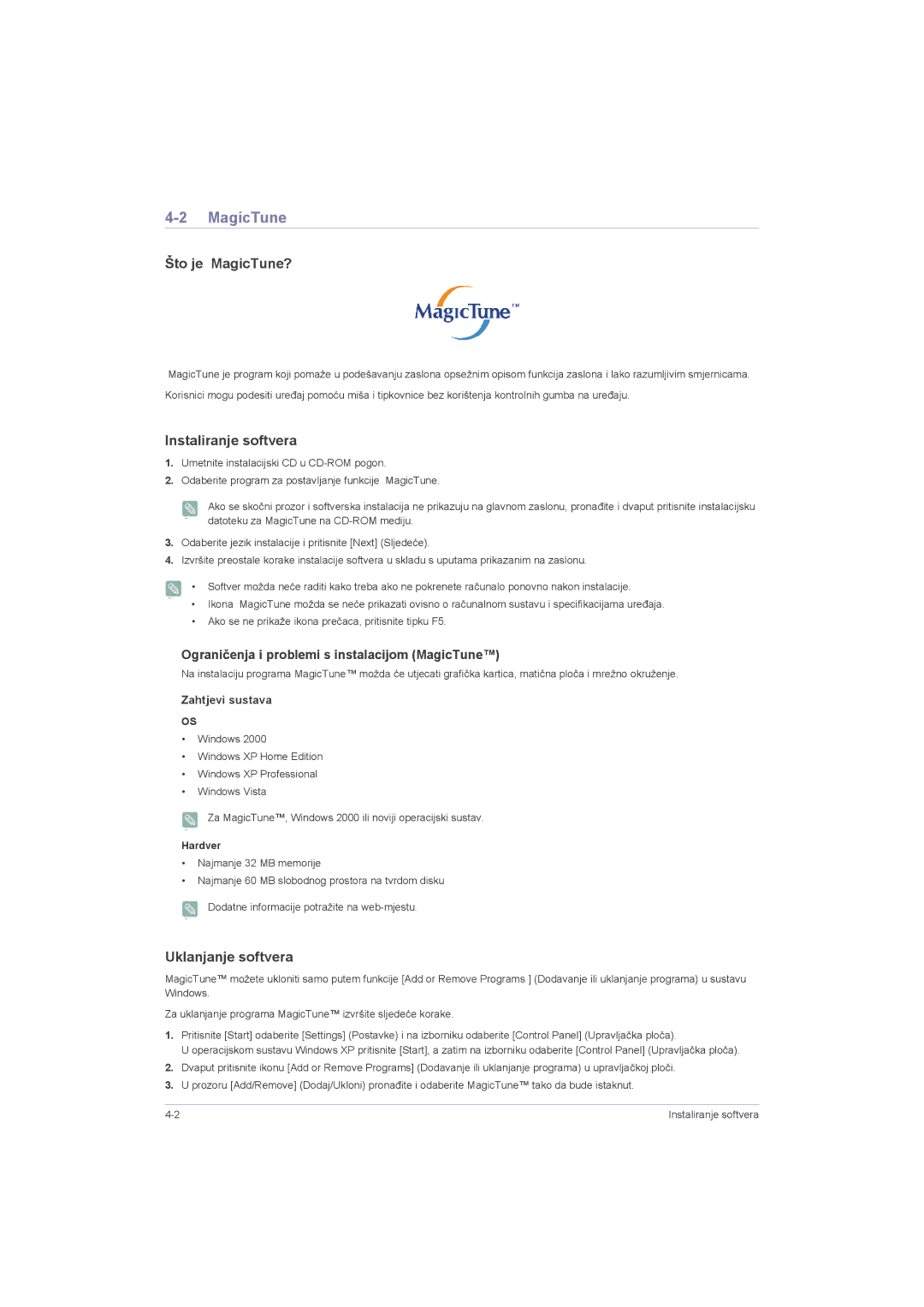 Samsung LS23LRZKUV/EN, LS20LRZKUV/EN manual Što je MagicTune?, Instaliranje softvera, Uklanjanje softvera, Hardver 