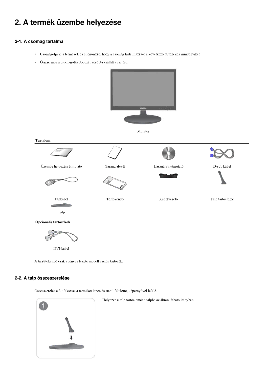 Samsung LS20LRZKUV/EN manual Termék üzembe helyezése, Csomag tartalma, Talp összeszerelése, Tartalom, Opcionális tartozékok 