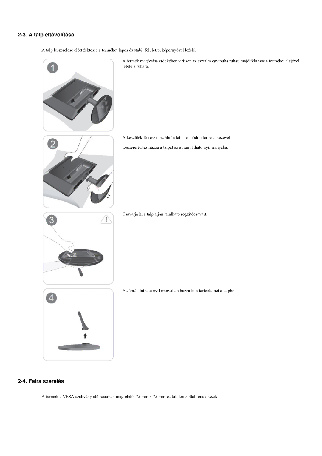 Samsung LS20LRZKUV/EN, LS23LRZKUV/EN manual Talp eltávolítása, Falra szerelés 